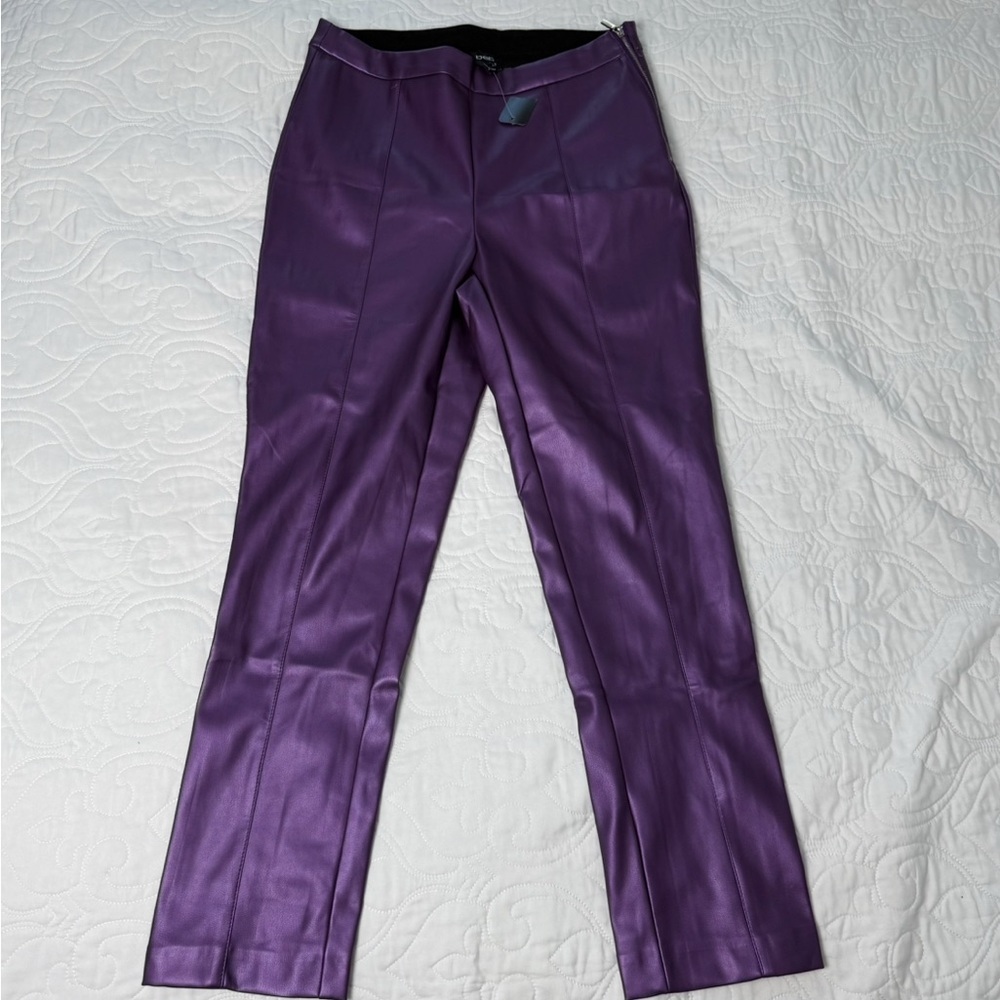 Bebe Chic Metallic Vegan Leather High Waist Slim Leg Pants Women's 10 Purple NWT